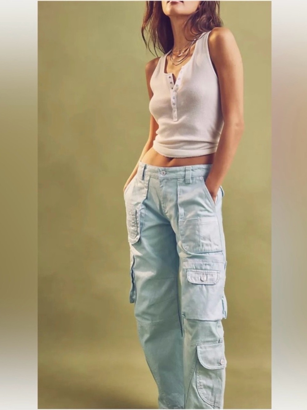 NWT We The Free Lap Of Luxury Low Rise Barrel Cargo Pants Metallic Aquamarine